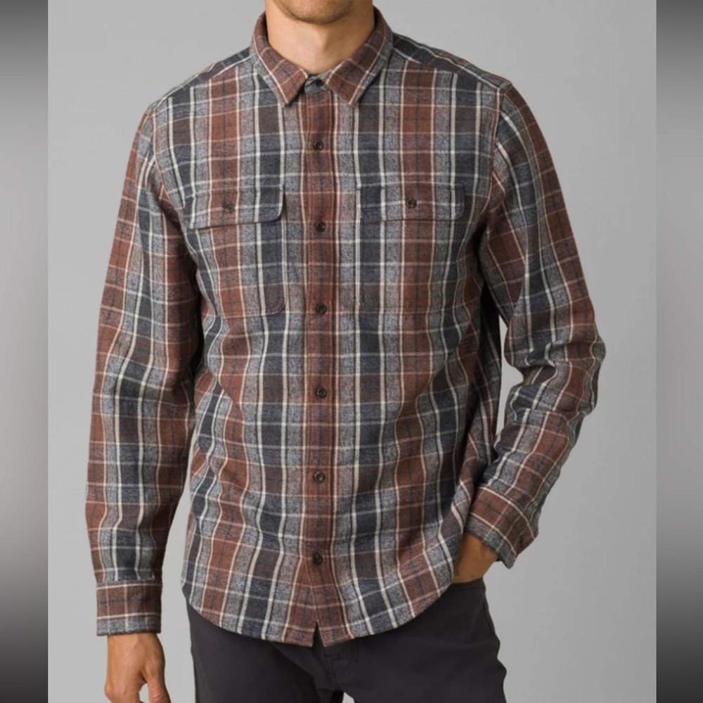Prana Men's Brown and Gray Plaid Button-Down Shirt